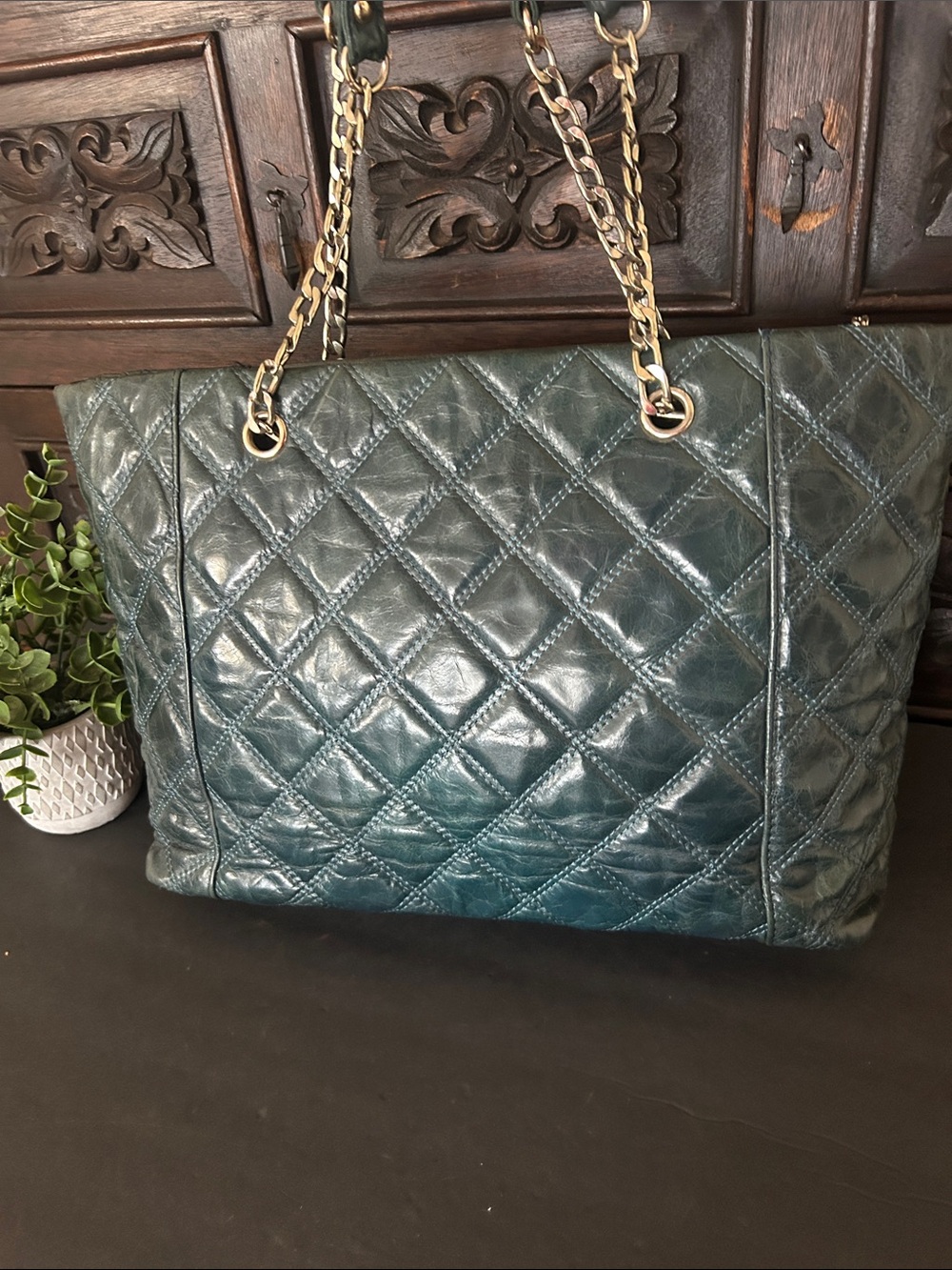 Beautiful Quilted Dark Green Leather Tote with Chain Straps - Picture 6 of 17